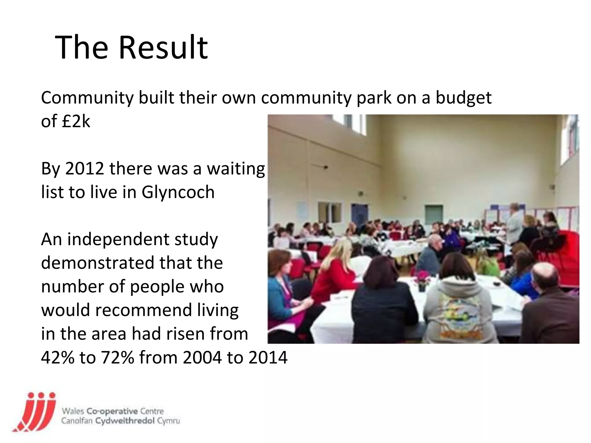 The Result
Community built their own community park on a budget
of £2k
By 2012 there was a waiting
list to live in Glyncoch
An independent study
demonstrated that the
number of people who
would recommend living
in the area had risen from
42% to 72% from 2004 to 2014
 