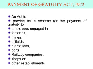 PAYMENT OF GRATUITY ACT, 1972
An Act to
provide for a scheme for the payment of
gratuity to
employees engaged in
factories,
mines,
oilfields,
plantations,
ports,
Railway companies,
shops or
other establishments
 