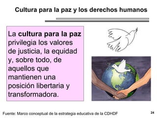 Cultura para la paz y los derechos humanos
La cultura para la paz
privilegia los valores
de justicia, la equidad
y, sobre todo, de
aquellos que
mantienen una
posición libertaria y
transformadora.
24Fuente: Marco conceptual de la estrategia educativa de la CDHDF
 