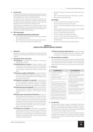 Plan Contable General Empresarial
Actualidad Empresarial PCGE
45
CUENTA 16
CUENTAS POR COBRAR DIVERSAS-TERCEROS
5.	Comentarios
Elsaldocorrespondienteasuscripcionesporcobrarasocioso
accionistassepresentaráenelEstadodeSituaciónFinanciera,
deduciéndolo de la cuenta 52 Capital adicional.
La subcuenta 193, Cuentas por cobrar al personal, a los
accionistas (socios), y directores, acumula la estimación de
los saldos de cobranza dudosa, actuando como cuenta de
valuación para los componentes de esta cuenta.
Para efectos de presentación, los saldos de esta cuenta
deberán clasificarse como corrientes si vencen hasta un año
después de la fecha del estado de situación financiera, y no
corrientes si exceden de dicho plazo.
6.	 NIIF relacionadas
NIIF e INTERPRETACIONES RELACIONADAS:
•	 NIC 21 Efectos de las variaciones en las tasas de cambio
de la moneda extranjera
•	 NIC 24 Información a revelar sobre partes relacionadas
•	 NIC 32 Instrumentos financieros: presentación
•	 NIC 39 Instrumentos financieros: reconocimiento y me-
dición
•	 NIIF 7 Instrumentos financieros: información a revelar
•	 NIIF 9 Instrumentos financieros
NIIF PYMES:
•	 Sección 3 Presentación de estados financieros
•	 Sección 4 Estado de situación financiera
•	 Sección 5 Estado de resultado integral y estado de resul-
tados
•	 Sección 6 Estado de cambios en el patrimonio y estado
de resultados y ganancias acumuladas
•	 Sección 7 Estado de flujos de efectivo
•	 Sección 8 Notas a los estados financieros
•	 Sección 11 Instrumentos financieros básicos
•	 Sección12Otrostemasrelacionadosconlosinstrumen-
tos financieros
•	 Sección 30 Conversión de moneda extranjera
1.	Definición
	 Agrupa las subcuentas que representan derechos de cobro
a terceros por transacciones distintas a las del objeto del
negocio.
2.	 Descripción de las subcuentas
161	Préstamos. Comprende los créditos no comerciales
entregados a terceros.
162	Reclamaciones a terceros. Incluye los efectos de las
transacciones relacionadas con reclamos de actividades
comercialesynocomerciales,talescomocompensacio-
nes por bienes o seguros por siniestros, tributos, entre
otros.
163	Intereses, regalías y dividendos. Incluye los derechos
de cobro por intereses y regalías devengados, y por divi-
dendos en efectivo declarados por las entidades donde
se mantiene inversiones.
164	Depósitos otorgados en garantía. Comprende los
montos entregados en garantía, tales como depósitos
por arrendamiento de bienes muebles e inmuebles,
depósitos por cartas fianza u otras garantías entregadas.
165	Ventadeactivoinmovilizado. Derechos de cobro por
venta de inversión mobiliaria; propiedades de inversión;
propiedad, planta y equipo ; y otros activos de largo
plazo.
166	Activos por instrumentos financieros. Incluye los
efectos favorables relacionados con la medición a valor
razonable de los instrumentos financieros primarios
cuando se adquieren en una compra no convencional y
se elige para su reconocimiento la fecha de liquidación,
así como los efectos favorables en el caso de los instru-
mentos financieros derivados, tales como contratos a
plazo, intercambios, entre otros.
167	Tributos por acreditar. Comprende la acumulación
de pagos a cuenta por impuesto a la renta e ITAN, el IGV
por acreditar en compras y no domiciliados, así como el
impuesto a la renta por aplicar en obras por impuestos
mientras se desarrolla la obra y hasta la obtención del
certificado correspondiente.
169	Otrascuentasporcobrardiversas.Incluyelasentregas
a rendir cuenta efectuadas a terceros y cualquier cuenta
por cobrar no incluida en las subcuentas anteriores.
3.	 Reconocimiento y medición
Las cuentas por cobrar se reconocerán por el valor razonable
de la transacción, generalmente igual al costo. Después de
su reconocimiento inicial se medirán al costo amortizado,
excepto por los activos por instrumentos financieros, que Z
4.	Dinámica
Es debitada por: Es acreditada por:
•	 Los préstamos otorgados.
•	 Las reclamaciones.
•	 Los intereses, las regalías y los
dividendos por cobrar.
•	 Losdepósitosotorgadosengaran-
tía.
•	 La venta de activo inmovilizado.
•	 Los efectos favorables en la medi-
ción al valor razonable de los acti-
vos por instrumentos financieros.
•	 El reconocimiento del IGV no
acreditado en compras y el que
corresponde pagar por los servi-
cios de sujetos no domiciliados
para fines del impuesto a la renta.
•	 Laacumulacióndelosmontoseje-
cutados en obras por impuestos.
•	 La diferencia de cambio, cuando
el tipo de cambio se incrementa.
•	 Las cobranzas efectuadas.
•	 La eliminación (castigo) de las
cuentas por cobrar diversas de las
deudas incobrables.
•	 La disminución de los efectos
favorables en la medición al valor
razonabledelosactivosporinstru-
mentos financieros.
•	 La compensación del IGV pagado
en compras y el pagado por cuen-
ta de no domiciliados.
•	 La obtención del certificado de
obras por impuestos, el que se
acumula en la subcuenta 105.
•	 La diferencia de cambio, cuando
disminuye el tipo de cambio.
5.	Comentarios
La subcuenta “Intereses, regalías y dividendos” registra los
intereses sobre la base de tiempo, las regalías en concor-
dancia con los términos del contrato que les dio origen, y
los dividendos en la fecha que es reconocido el derecho del
accionista a recibir el pago, respectivamente.
La subcuenta 194 Cuentas por cobrar diversas-Terceros
acumula la estimación de los saldos de cobranza dudosa,
actuando como cuenta de valuación para los componentes
de esta cuenta.
 