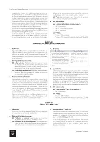 Plan Contable General Empresarial
Instituto Pacífico
PCGE
50
CUENTA 23
PRODUCTOS EN PROCESO
CUENTA 22
SUBPRODUCTOS, DESECHOS Y DESPERDICIOS
costos de financiación, para su adecuado tratamiento conta-
ble, plantea la consideración de si tal desvalorización alcanza
al costo de manufactura invertido en el producto o al costo
definanciaciónrelacionado,oaunadistribuciónentreambos
componentes,paraefectosdelapresentaciónenlosEstados
Financieros.Entanto,elcostodelproductoterminadoesuno
solo,ladesvalorizaciónafectaal total deesos inventariosme-
diante cuenta de valuación (cuenta 29), no siendo necesario
distinguir el componente de valor desvalorizado.
El costo de los productos terminados corresponde al costeo
porabsorción,incluyendoloscostosfijosyvariables,y,dentro
de ellos, los directos y los indirectos.
Cuando el proceso de producción da lugar a la producción
simultánea de más de un producto (productos conjuntos),
el costo de producción puede ser a ellos distribuido sobre
la base de los valores de venta normales o los volúmenes
producidos, el que resulte más adecuado y racional.
NIIF Pymes: la prescripción para inventarios de servicios
terminados se incluye en la sección 13.14.
6.	 NIIF relacionadas
NIIF e INTERPRETACIONES RELACIONADAS:
•	 NIC 2 Inventarios
•	 NIC 23 Costos por préstamos
•	 NIC 41 Agricultura
NIIF PYMES:
•	 Sección 13 Inventarios
•	 Sección 27 Deterioro del valor de los activos (27.2 a 27.4)
1.	Definición
Agrupa las subcuentas que representan los productos ac-
cesorios obtenidos en la producción (subproductos) y los
residuos de producción de toda naturaleza, originadas en
los procesos productivos, cuando mantienen algún valor
en su realización.
2.	 Descripción de las subcuentas
221	Subproductos. Productos obtenidos accesoriamente
en el proceso de producción. Resultan de la producción
donde el subproducto tiene un valor reducido respecto
del producto o de los productos principales.
222	Desechos y desperdicios. Materiales desechados por
presentardefectos oresiduos queresultannoutilizables
en procesos de transformación.
3.	 Reconocimiento y medición
Lossubproductos,desechosydesperdiciosseregistrangene-
ralmentealvalornetoderealización,montoqueesacreditado
al costo de producción medido al costo. Periódicamente se
compara con el valor neto de realización estimado vigente,
manteniéndose en libros al menor valor a través de una
cuenta de valuación. La salida de este tipo de existencias se
mide utilizando las fórmulas de PEPS, promedio ponderado
o costo identificado.
Cuando su costo puede ser medido confiablemente, sin
incurrir en costos que superan el beneficio de esa medi-
ción confiable, se utiliza esa base de medición.
4.	Dinámica
Es debitada por: Es acreditada por:
•	 El costo o valor neto de realización
de los subproductos, desechos y
desperdicios, en la oportunidad de
su reconocimiento inicial
•	 Lavariacióndesubproductos,dese-
chos y desperdicios con abono a la
subcuenta712,alcierredelperiodo
•	 Lossobrantesdeestetipodeinven-
tarios
•	 El valor en libros de los subpro-
ductos, desechos y desperdicios
vendidos
•	 Los faltantes de este tipo de inven-
tarios
•	 El castigo de este tipo de inventa-
rios
5.	Comentarios
Los desechos y desperdicios acumulados deben tener valor
económicoparasuclasificacióncomoactivosenestacuenta.
De no ser así, el costo de los desechos y desperdicios debe
ser absorbido por el costo de producción.
El monto con el que se incorporan todos estos inventarios
es acreditado al costo de producción que valoriza el proceso
productivo en el cual se originan. El costo de producción
puede ser acumulado en una cuenta del Elemento 9, de
acuerdoconlanaturalezadelasoperacionesdecadaentidad.
6.	 NIIF relacionadas
NIIF e INTERPRETACIONES RELACIONADAS:
•	 NIC 2 Inventarios
NIIF PYMES:
•	 Sección 13 Inventarios
•	 Sección 27 Deterioro del valor de los activos (27.2 a 27.4)
1.	Definición
Agrupa las subcuentas que representan aquellos bienes que
se encuentran en proceso de producción.
2.	 Descripción de las subcuentas
231	Productos en proceso. Productos que se encuentran
en proceso de manufactura, medidos al costo.
235	Inventariodeserviciosenproceso.Se compone de la
mano de obra y otros costos involucrados en la presta-
ción del servicio mientras este no se ha concluido.
3.	 Reconocimiento y medición
Loscostosdeproducciónotransformacióndelosinventarios
comprenden los costos directamente relacionados con las
unidades en producción y los costos indirectos atribuibles,
fijos o variables (NIC 2, párrafo 12).
En el caso de inventarios de servicios, también se acumulan
los costos utilizando un sistema de costeo por absorción,
clasificando los costos en fijos y variables, a la vez que en
directos e indirectos.
 