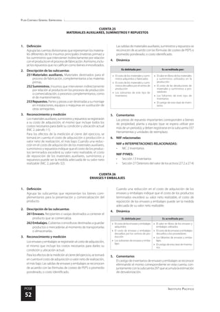 Plan Contable General Empresarial
Instituto Pacífico
PCGE
52
CUENTA 26
ENVASES Y EMBALAJES
CUENTA 25
MATERIALES AUXILIARES, SUMINISTROS Y REPUESTOS
1.	Definición
Agrupalascuentasdivisionariasquerepresentanlosmateria-
les diferentes de los insumos principales (materias primas) y
los suministros que intervienen indirectamente por relación
conelproductoenelprocesodefabricación.Asimismo,inclu-
yelosrepuestosquenocalificancomobienesinmovilizados.
2.	 Descripción de las subcuentas
251	Materiales auxiliares. Materiales destinados para el
proceso de fabricación, complementarios a las materias
primas.
252	Suministros. Insumos que intervienen indirectamente
por relación al producto en los procesos de producción
o comercialización, o procesos complementarios, como
el de mantenimiento.
253	Repuestos.Partesypiezasaserdestinadasasumontaje
en instalaciones, equipos o máquinas en sustitución de
otras semejantes.
3.	 Reconocimiento y medición
Losmaterialesauxiliares,suministrosyrepuestosseregistrarán
a su costo de adquisición, el mismo que incluye todos los
costos necesarios para darle su condición y ubicación actual
(NIC 2, párrafo 11).
Para los efectos de la medición al cierre del ejercicio, se
tomará en cuenta el costo de adquisición o producción o
valor neto de realización, el más bajo. Cuando una reduc-
ción en el costo de adquisición de los materiales auxiliares,
suministros y repuestos indique que el costo de los produc-
tos terminados excederá su valor neto realizable, el costo
de reposición de los materiales auxiliares, suministros y
repuestos puede ser la medida adecuada de su valor neto
realizable (NIC 2, párrafo 32).
Lassalidasdematerialesauxiliares,suministrosyrepuestosse
reconocen de acuerdo con las fórmulas de costeo de PEPS o
promedio ponderado, o costo identificado.
4.	Dinámica
Es debitada por: Es acreditada por:
•	 El costo de los materiales y sumi-
nistros adquiridos o fabricados
•	 El costo de los materiales y sumi-
nistrosdevueltosporelcentrode
producción
•	 Los sobrantes de este tipo de
inventarios
•	 Elvalorenlibrosdelosmateriales
y suministros utilizados en la
producción
•	 El costo de las devoluciones de
materiales y suministros a pro-
veedores
•	 Los faltantes de este tipo de
inventarios
•	 El castigo de esta clase de inven-
tarios
5.	Comentarios
Las piezas de repuesto importantes corresponden a bienes
de propiedad, planta y equipo (que se espera utilizar por
más de un periodo), y deben registrarse en la subcuenta 337
Herramientas y unidades de reemplazo.
6.	 NIIF relacionadas
NIIF e INTERPRETACIONES RELACIONADAS:
•	 NIC 2 Inventarios
NIIF PYMES:
•	 Sección 13 Inventarios
•	 Sección 27 Deterioro del valor de los activos (27.2 a 27.4)
1.	Definición
Agrupa las subcuentas que representan los bienes com-
plementarios para la presentación y comercialización del
producto.
2.	 Descripción de las subcuentas
261	Envases. Recipientes o vasijas destinados a contener el
producto que se comercializa.
262	Embalajes.Cubiertas oenvolturas destinadas aguardar
productos o mercaderías al momento de transportarlas
o almacenarlas.
3.	 Reconocimiento y medición
Losenvasesyembalajesseregistraránalcostodeadquisición,
el mismo que incluye los costos necesarios para darles su
condición y ubicación actual.
Paralosefectosdelamediciónalcierredelejercicio,setomará
en cuenta el costo de adquisición o valor neto de realización,
el más bajo. Las salidas de envases y embalajes se reconocen
de acuerdo con las fórmulas de costeo de PEPS o promedio
ponderado, o costo identificado.
Cuando una reducción en el costo de adquisición de los
envases y embalajes indique que el costo de los productos
terminados excederá su valor neto realizable, el costo de
reposición de los envases y embalajes puede ser la medida
adecuada de su valor neto realizable.
4.	Dinámica
Es debitada por: Es acreditada por:
•	 Elcostodelosenvasesyembalajes
adquiridos
•	 El costo de envases y embalajes
devueltos por los centros de pro-
ducción
•	 Los sobrantes de envases y emba-
lajes
•	 El valor en libros de los envases y
embalajes utilizados
•	 Elcostodelosenvasesyembalajes
devueltos a los proveedores
•	 Los faltantes de envases y emba-
lajes.
•	 Elcastigodeestaclasedeinventa-
rios
5.	Comentarios
El castigo de inventarios de envases y embalajes se reconoce
eliminando el monto correspondiente en esta cuenta, con-
juntamenteconlasubcuenta297queacumulalaestimación
de desvalorización.
 