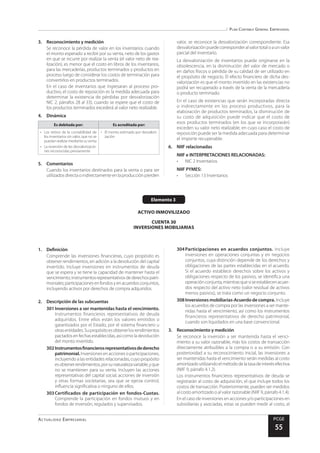 Plan Contable General Empresarial
Actualidad Empresarial PCGE
55
Elemento 3
ACTIVO INMOVILIZADO
CUENTA 30
INVERSIONES MOBILIARIAS
3.	 Reconocimiento y medición
Se reconoce la pérdida de valor en los inventarios cuando
el monto esperado a recibir por su venta, neto de los gastos
en que se incurre por realizar la venta (el valor neto de rea-
lización), es menor que el costo en libros de los inventarios,
para las mercaderías, productos terminados y productos en
proceso luego de considerar los costos de terminación para
convertirlos en productos terminados.
En el caso de inventarios que ingresaran al proceso pro-
ductivo, el costo de reposición es la medida adecuada para
determinar la existencia de pérdidas por desvalorización
NIC 2, párrafos 28 al 33), cuando se espere que el costo de
los productos terminados excederá al valor neto realizable.
4.	Dinámica
Es debitada por: Es acreditada por:
•	 Los retiros de la contabilidad de
los inventarios sin valor, que no se
puedanrealizarmediantesuventa
•	 La reversión de las desvalorizacio-
nes reconocidas previamente
•	 El monto estimado por desvalori-
zación
5.	Comentarios
Cuando los inventarios destinados para la venta o para ser
utilizados directa o indirectamente en la producción pierden
valor, se reconoce la desvalorización correspondiente. Esa
desvalorizaciónpuedecorresponderalvalortotaloaunvalor
parcial del inventario.
La desvalorización de inventarios puede originarse en la
obsolescencia, en la disminución del valor de mercado o
en daños físicos o pérdida de su calidad de ser utilizado en
el propósito de negocio. El efecto financiero de dicha des-
valorización es que el monto invertido en las existencias no
podrá ser recuperado a través de la venta de la mercadería
o producto terminado.
En el caso de existencias que serán incorporadas directa
o indirectamente en los proceso productivos, para la
elaboración de productos terminados, la disminución de
su costo de adquisición puede indicar que el costo de
esos productos terminados (en los que se incorporarán)
exceden su valor neto realizable, en cuyo caso el costo de
reposición puede ser la medida adecuada para determinar
el importe recuperable.
6.	 NIIF relacionadas
NIIF e INTERPRETACIONES RELACIONADAS:
•	 NIC 2 Inventarios
NIIF PYMES:
•	 Sección 13 Inventarios
1.	Definición
Comprende las inversiones financieras, cuyo propósito es
obtener rendimientos, en adición a la devolución del capital
invertido. Incluye inversiones en instrumentos de deuda
que se espera y se tiene la capacidad de mantener hasta el
vencimiento;instrumentosrepresentativosdederechospatri-
moniales;participacionesenfondosyenacuerdosconjuntos,
incluyendo activos por derechos de compra adquiridos.
2.	 Descripción de las subcuentas
301	Inversiones a ser mantenidas hasta el vencimiento.
Instrumentos financieros representativos de deuda
adquiridos. Entre ellos están los valores emitidos o
garantizados por el Estado, por el sistema financiero u
otrasentidades.Supropósitoesobtenerlosrendimientos
pactados enfechas establecidas, así comoladevolución
del monto invertido.
302	Instrumentosfinancierosrepresentativosdederecho
patrimonial. Inversiones en acciones o participaciones,
incluyendo a las entidades relacionadas, cuyo propósito
esobtenerrendimientos,porsunaturalezavariable,yque
no se mantienen para su venta. Incluyen las acciones
representativas del capital social, acciones de inversión
y otras formas societarias, sea que se ejerza control,
influencia significativa o ninguno de ellos.
303	Certificados de participación en fondos-Cuotas.
Comprende la participación en fondos mutuos y en
fondos de inversión, regulados y supervisados.
304	Participaciones en acuerdos conjuntos. Incluye
inversiones en operaciones conjuntas y en negocios
conjuntos, cuya distinción depende de los derechos y
obligaciones de las partes establecidas en el acuerdo.
Si el acuerdo establece derechos sobre los activos y
obligaciones respecto de los pasivos, se identifica una
operaciónconjunta,mientrasquesiseestablecenacuer-
dos respecto del activo neto (valor residual de activos
menos pasivos), se trata como un negocio conjunto.
308	Inversiones mobiliarias-Acuerdo de compra. Incluye
los acuerdos de compra por las inversiones a ser mante-
nidas hasta el vencimiento, así como los instrumentos
financieros representativos de derecho patrimonial,
cuando son liquidados en una base convencional.
3.	 Reconocimiento y medición
Se reconoce la inversión a ser mantenida hasta el venci-
miento a su valor razonable, más los costos de transacción
directamente atribuibles a la compra o a su emisión. Con
posterioridad a su reconocimiento inicial, las inversiones a
ser mantenidas hasta el vencimiento serán medidas al costo
amortizadoutilizandoelmétododelatasadeinterésefectiva
(NIIF 9, párrafo 4.1.2).
Los instrumentos financieros representativos de deuda se
registrarán al costo de adquisición, el que incluye todos los
costos de transacción. Posteriormente, pueden ser medidos
al costo amortizado o al valor razonable (NIIF 9, párrafo 4.1.4).
En el caso de inversiones en acciones y/o participaciones en
subsidiarias y asociadas, estas se pueden medir al costo, al
 