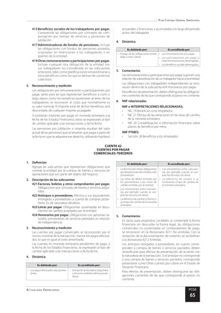 Plan Contable General Empresarial
Actualidad Empresarial PCGE
65
CUENTA 42
CUENTAS POR PAGAR
COMERCIALES-TERCEROS
actuariales y financieras, y acumuladas a lo largo del periodo
activo del trabajador.
4.	Dinámica
Es debitada por: Es acreditada por:
•	 El pago de las obligaciones acredi-
tadas a esta cuenta.
•	 Las remuneraciones por pagar.
•	 Las participaciones por pagar y
otrasremuneracionesdevengadas.
•	 Losbeneficiossocialesdevengados.
5.	Comentarios
Lasremuneracionesyparticipacionesporpagarsuponenuna
relacióndesubordinacióndeuntrabajadorhaciaunaentidad.
Las obligaciones con trabajadores independientes se reco-
nocen dentro de la subcuenta 424 Honorarios por pagar.
Paraefectosdepresentación,debendistinguirselasobligacio-
nes corrientes de las que corresponde al pasivo no corriente.
6.	 NIIF relacionadas
NIIF e INTERPRETACIONES RELACIONADAS:
•	 NIC 19 Beneficios a los empleados
•	 NIC 21 Efectos de las variaciones en las tasas de cambio
de la moneda extranjera
•	 NIC 26 Contabilización e información financiera sobre
planes de beneficio por retiro
NIIF PYMES:
•	 Sección 28 Beneficios a los empleados
415	Beneficios sociales de los trabajadores por pagar.
Comprende las obligaciones por concepto de com-
pensación por tiempo de servicios y pensiones de
jubilación.
417	Administradoras de fondos de pensiones. Incluye
las obligaciones con fondos de pensiones privados,
originadas en retenciones a los trabajadores o en
aportes de la entidad.
419	Otras remuneraciones y participaciones por pagar.
Incluye cualquier otra obligación de la entidad con
sus trabajadores no considerada en las subcuentas
anteriores, tales como gratificaciones extraordinarias y
otros beneficios como los que se derivan de convenios
colectivos.
3.	 Reconocimiento y medición
Las obligaciones por remuneraciones y participaciones por
pagar, tanto para las que representan beneficios a corto o
largo plazos como los beneficios posteriores al retiro de los
trabajadores, se reconocen al costo que normalmente es
su valor nominal. El importe total de dichos beneficios será
descontado de cualquier importe ya pagado.
Si existieran importes por pagar en moneda extranjera a la
fecha de los Estados Financieros, estos se expresarán al tipo
de cambio aplicable a las transacciones a dicha fecha.
Las pensiones por jubilación o cesantía resultan del valor
actual de las pensiones que se tendrían que pagar a partir de
la fecha en que se adquiere ese derecho, utilizando hipótesis
1.	Definición
Agrupa las subcuentas que representan obligaciones que
contrae la entidad por la compra de bienes y servicios en
operaciones que son parte del objeto del negocio.
2.	 Descripción de las subcuentas
421	Facturas, boletas y otros comprobantes por pagar.
Obligaciones por concepto de bienes o servicios adqui-
ridos.
422	Anticipos a proveedores. Efectivo o sus equivalentes,
entregado a proveedores a cuenta de compras poste-
riores. Es de naturaleza deudora.
423	Letras por pagar. Obligaciones sustentadas en docu-
mentos de cambio aceptados por la entidad.
424	Honorarios por pagar. Obligaciones con personas na-
turales, proveedores de servicios prestados en relación
de independencia.
3.	 Reconocimiento y medición
Las cuentas por pagar comerciales se reconocerán por el
monto nominal de la transacción, menos los pagos efectua-
dos, lo que es igual al costo amortizado.
Las cuentas en moneda extranjera pendientes de pago, a
la fecha de los Estados Financieros, se expresarán al tipo de
cambio aplicable a las transacciones a dicha fecha.
4.	Dinámica
Es debitada por: Es acreditada por:
•	 Lospagosefectuadosalosprovee-
dores.
•	 Elimportedelosbienesadquiridos
yserviciosrecibidosdelosprovee-
dores.
Es debitada por: Es acreditada por:
•	 Ladisminucióndelasobligaciones
pordevolucionesdecomprasalos
proveedores.
•	 Las notas de débito emitidas por
los proveedores, y las notas de
crédito emitidas por la entidad.
•	 Los movimientos entre subcuen-
tas, por ejemplo cuando se can-
jean las facturas por letras.
•	 Ladiferenciadecambiosidisminu-
yeeltipodecambiodelamoneda
extranjera.
•	 Los movimientos entre subcuen-
tas, por ejemplo, cuando se can-
jean las facturas con letras.
•	 La diferencia de cambio si se
incrementa el tipo de cambio de
la moneda extranjera.
5.	Comentarios
En tanto para propósitos contables se contempla la forma
financiera sin descuidar la forma legal, las obligaciones
comerciales no sustentadas en comprobantes de pago,
se reconocen en la divisionaria 4211 No emitidas. Con la
recepción de la documentación de sustento, se reclasifican
a la divisionaria 4212 Emitidas.
Los anticipos otorgados a proveedores, en cuanto corres-
ponden a compra de bienes o servicios pactados, deben
reclasificarse para efectos de presentación, de acuerdo con
la naturaleza de la transacción. Si el anticipo no corresponde
a una compra de bienes o servicios pactados, corresponde
presentarse como Otras cuentas por cobrar en el Estado de
Situación Financiera.
Para efectos de presentación, deben distinguirse las obli-
gaciones corrientes de las que corresponde al pasivo no
corriente.
 