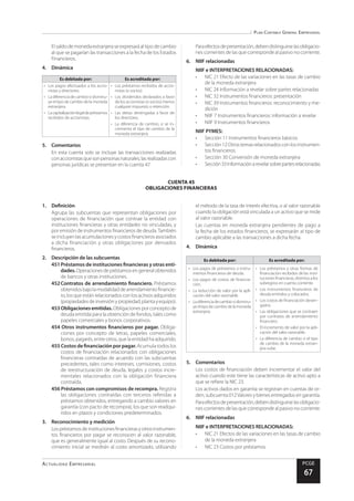 Plan Contable General Empresarial
Actualidad Empresarial PCGE
67
CUENTA 45
OBLIGACIONES FINANCIERAS
Elsaldodemonedaextranjeraseexpresaráaltipodecambio
al que se pagarían las transacciones a la fecha de los Estados
Financieros.
4.	Dinámica
Es debitada por: Es acreditada por:
•	 Los pagos efectuados a los accio-
nistas y directores.
•	 Ladiferenciadecambiosidisminu-
ye el tipo de cambio de la moneda
extranjera.
•	 Lacapitalizaciónlegaldepréstamos
recibidos de accionistas.
•	 Los préstamos recibidos de accio-
nistas (o socios).
•	 Los dividendos declarados a favor
de los accionistas (o socios) menos
cualquier impuesto o retención.
•	 Las dietas devengadas a favor de
los directores.
•	 La diferencia de cambio, si se in-
crementa el tipo de cambio de la
moneda extranjera.
5.	Comentarios
En esta cuenta solo se incluye las transacciones realizadas
conaccionistasquesonpersonasnaturales;lasrealizadascon
personas jurídicas se presentan en la cuenta 47.
Paraefectosdepresentación,debendistinguirselasobligacio-
nes corrientes de las que corresponde al pasivo no corriente.
6.	 NIIF relacionadas
NIIF e INTERPRETACIONES RELACIONADAS:
•	 NIC 21 Efecto de las variaciones en las tasas de cambio
de la moneda extranjera
•	 NIC 24 Información a revelar sobre partes relacionadas
•	 NIC 32 Instrumentos financieros: presentación
•	 NIC 39 Instrumentos financieros: reconocimiento y me-
dición
•	 NIIF 7 Instrumentos financieros: información a revelar
•	 NIIF 9 Instrumentos financieros
NIIF PYMES:
•	 Sección 11 Instrumentos financieros básicos
•	 Sección12Otrostemasrelacionadosconlosinstrumen-
tos financieros
•	 Sección 30 Conversión de moneda extranjera
•	 Sección33Informaciónarevelarsobrepartesrelacionadas
1.	Definición
Agrupa las subcuentas que representan obligaciones por
operaciones de financiación que contrae la entidad con
instituciones financieras y otras entidades no vinculadas, y
por emisión de instrumentos financieros de deuda.También
seincluyenlas acumulaciones ycostos financierosasociados
a dicha financiación y otras obligaciones por derivados
financieros.
2.	 Descripción de las subcuentas
451	Préstamos de instituciones financieras y otras enti-
dades.Operacionesdepréstamosengeneralobtenidos
de bancos y otras instituciones.
452	Contratos de arrendamiento financiero. Préstamos
obtenidosbajolamodalidaddearrendamientofinancie-
ro, los que están relacionados con los activos adquiridos
(propiedadesdeinversiónypropiedad,plantayequipo).
453Obligacionesemitidas.Obligaciones por concepto de
deuda emitida para la obtención de fondos, tales como
papeles comerciales y bonos corporativos.
454 Otros instrumentos financieros por pagar. Obliga-
ciones por concepto de letras, papeles comerciales,
bonos, pagarés, entre otros, que la entidad ha adquirido.
455 Costos de financiación por pagar. Acumula todos los
costos de financiación relacionados con obligaciones
financieras contraídas de acuerdo con las subcuentas
precedentes, tales como intereses, comisiones, costos
de reestructuración de deuda, legales y costos incre-
mentales relacionados con la obligación financiera
contraída.
456 Préstamos con compromisos de recompra. Registra
las obligaciones contraídas con terceros referidas a
préstamos obtenidos, entregando a cambio valores en
garantía (con pacto de recompra), los que son readqui-
ridos en plazos y condiciones predeterminados.
3.	 Reconocimiento y medición
Lospréstamosdeinstitucionesfinancierasyotrosinstrumen-
tos financieros por pagar se reconocen al valor razonable,
que es generalmente igual al costo. Después de su recono-
cimiento inicial se medirán al costo amortizado, utilizando
el método de la tasa de interés efectiva, o al valor razonable
cuando la obligación está vinculada a un activo que se mide
al valor razonable.
Las cuentas en moneda extranjera pendientes de pago a
la fecha de los estados financieros, se expresarán al tipo de
cambio aplicable a las transacciones a dicha fecha.
4.	Dinámica
Es debitada por: Es acreditada por:
•	 Los pagos de préstamos o instru-
mentos financieros de deuda.
•	 Los pagos de costos de financia-
ción.
•	 La reducción de valor por la apli-
cación del valor razonable.
•	 Ladiferenciadecambiosidisminu-
yeeltipodecambiodelamoneda
extranjera.
•	 Los préstamos y otras formas de
financiación recibidos de las insti-
tucionesfinancieras,distintosalos
sobregiros en cuenta corriente.
•	 Los instrumentos financieros de
deuda emitidos y colocados.
•	 Los costos de financiación deven-
gados.
•	 Las obligaciones que se contraen
por contratos de arrendamiento
financiero.
•	 El incremento de valor por la apli-
cación del valor razonable.
•	 La diferencia de cambio si el tipo
de cambio de la moneda extran-
jera sube.
5.	Comentarios
Los costos de financiación deben incrementar el valor del
activo cuando este tiene las características de activo apto a
que se refiere la NIC 23.
Los activos dados en garantía se registran en cuentas de or-
den, subcuenta 012Valores y bienes entregados en garantía.
Paraefectosdepresentación,debendistinguirselasobligacio-
nes corrientes de las que corresponde al pasivo no corriente.
6.	 NIIF relacionadas
NIIF e INTERPRETACIONES RELACIONADAS:
•	 NIC 21 Efectos de las variaciones en las tasas de cambio
de la moneda extranjera
•	 NIC 23 Costos por préstamos
 