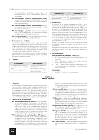 Plan Contable General Empresarial
Instituto Pacífico
PCGE
70
CUENTA 49
PASIVO DIFERIDO
el medio ambiente, salvo las que tengan origen en el
desmantelamiento, retiro o rehabilitación del activo
inmovilizado.
485	Provisión para gastos de responsabilidad social.
Comprende las obligaciones por los gastos en los que
la entidad estima incurrir en la atención de aspectos de
responsabilidad social.
487	Provisión para activos por derecho de uso. Directa-
mente relacionados con el reconocimiento de este tipo
de activos en la cuenta 32.
486	Provisión para garantías. Incluye la estimación de
gastosaincurrirporlareparaciónoreposicióndeactivos
vendidos, durante el periodo de garantía.
489	Otrasprovisiones.Comprendecualquierotraprovisión
no incluida en las subcuentas precedentes.
3.	 Reconocimiento y medición
Una provisión se debe reconocer solo cuando a) la entidad
tiene una obligación presente como resultado de un suceso
pasado;b)esprobablequelaentidadtengaquedesprender-
se de recursos que involucren beneficios económicos, para
pagar la obligación; y c) puede estimarse de manera fiable
el importe de la obligación (NIC 37, párrafo 14).
Las provisiones en moneda extranjera, a la fecha de los Esta-
dos Financieros, se expresarán al tipo de cambio aplicable a
las transacciones a dicha fecha.
4.	Dinámica
Es debitada por: Es acreditada por:
•	 La transferencia de las provisiones
efectuadas a otras cuentas de
pasivo.
•	 La reversión de las provisiones.
•	 Las provisiones estimadas para
cubrir obligaciones.
•	 El incremento de la provisión por
nuevas estimaciones o actualiza-
ción financiera de valor.
Es debitada por: Es acreditada por:
•	 La diferencia de cambio, si dis-
minuye el tipo de cambio de la
moneda extranjera.
•	 La diferencia de cambio, si se
incrementa el tipo de cambio de
la moneda extranjera.
5.	Comentarios
A diferencia de las cuentas por pagar comerciales y de las
obligaciones devengadas, las provisiones corresponden a
obligacionesdemontouoportunidaddepago,inciertos.Una
provisión es distinta a una estimación de recuperación de un
activo; la primera representa una obligación, mientras que la
estimación permite mostrar el monto recuperable del activo.
Algunas de las subcuentas aquí contenidas se deben reco-
nocer inicialmente al valor descontado, según lo establece
la NIC 37. En esos casos, la actualización financiera de valor
se reconoce en la subdivisionaria correspondiente de las
subcuentas 6792 y 6793.
Una vez confirmada la obligación, la provisión es ajustada
y trasladada a la cuenta de pasivo correspondiente para su
desembolso.
Para efectos de presentación, deben distinguirse las obli-
gaciones corrientes de las que corresponde al pasivo no
corriente.
6.	 NIIF relacionadas
NIIF e INTERPRETACIONES RELACIONADAS:
•	 NIC 37 Provisiones, pasivos contingentes y activos con-
tingentes
•	 CINIIF 1 Cambios en pasivos existentes por retiro del
servicio, restauración y similares
•	 CINIIF 5 Derechos por la participación en fondos para
el retiro del servicio, la restauración y la rehabilitación
medioambiental
NIIF PYMES:
•	 Sección 21 Provisiones y contingencias
1.	Definición
Incluyelospasivosporimpuestosquesegeneranpordiferen-
cias temporales gravables (imponibles) y en actualizaciones
de valor de activos inmovilizados, cuando se sigue una me-
dición a valor razonable o valor revaluado, sin efecto impo-
sitivo. También contiene la participación de los trabajadores
diferidas cuando se opta por su reconocimiento. Asimismo,
incorpora los intereses referidos a cuentas por cobrar que
aún no han devengado, y otros ingresos y costos diferidos
2.	 Descripción de las subcuentas
491	Impuesto a las ganancias diferido. Acumula los efec-
tos del gasto contable por impuesto a las ganancias
originado en diferencias temporales gravables, que se
estima dará lugar al pago de impuesto a las ganancias
enperiodosfuturos.Asimismo,acumulaelefectodelim-
puestoalasgananciasdiferidoporactualizacióndevalor
sinefectotributario,comoeselcasodelasrevaluaciones,
reconocidas directamente en el patrimonio neto.
492	Participaciones de los trabajadores diferidas. Acu-
mula el efecto del gasto en las participaciones de los
trabajadores que se calculan sobre la base de la renta
tributaria (y no contable), originado en diferencias tem-
porales gravables, que se estima darán lugar al pago de
participaciones enperiodos futuros.Asimismo,acumula
elefectodelasparticipacionesdelostrabajadoresdiferi-
dasporactualizacióndevalorsinefectotributario,como
eselcasodelasrevaluaciones,reconocidasdirectamente
en el patrimonio neto.
493	Interesesdiferidos.Incorporalosinteresesrelacionados
con cuentas por cobrar, los que aún no han devengado.
Estosinteresespuedenincluirtantoaquellosquesepac-
tan explícitamente como los que están implícitamente
contenidos en las cuentas por cobrar.
494	Ganancia en venta con arrendamiento financiero
paralelo. Acumula el ingreso en la venta de activos con
arrendamiento financiero paralelo, el que se devenga
durante el plazo del contrato del arrendamiento.
495	Subsidios recibidos diferidos. Acumulan ingresos no
devengados por subsidios recibidos del Estado, para los
cuales no existe obligación de devolución.
496	Ingresos diferidos. Incluye los ingresos que se deven-
gan en resultados en el futuro no contenidos en las
subcuentas anteriores. No incluye la contabilización
de ingresos de contratos de construcción, los anticipos
recibidos por venta futura de bienes o servicios, ni los
adelantos por venta de bienes futuros.
497	Costos diferidos. Corresponde a los costos asociados
con los ingresos diferidos acumulados en la subcuenta
496.
 