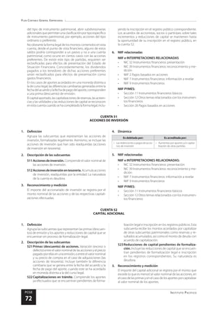 Plan Contable General Empresarial
Instituto Pacífico
PCGE
72
CUENTA 52
CAPITAL ADICIONAL
CUENTA 51
ACCIONES DE INVERSIÓN
del tipo de instrumento patrimonial, abrir subdivisionarias
adicionalesquepermitanunaclasificaciónportipoespecífico
de instrumento patrimonial, por ejemplo, acciones del tipo
ordinario o preferente.
No obstante la forma legal de los montos contenidos en esta
cuenta, desde el punto de vista financiero, alguno de estos
saldos podría corresponder a un pasivo y no a una cuenta
patrimonial, como ocurre en ciertos casos con las acciones
preferentes. De existir este tipo de partidas, requieren ser
reclasificadas para efectos de presentación del Estado de
Situación Financiera. Concordantemente, los dividendos
pagados a los tenedores de dichas acciones preferentes
serán reclasificados para efectos de presentación como
gastos financieros.
En los casos de aportes acordados en una moneda distinta a
ladecursolegal,lasdiferenciascambiariasgeneradasentrela
fechadelacuerdoylafechadepagodelaporte,corresponden
a una prima (descuento) de emisión.
Elcapitalaportado,lascapitalizacionesdereservas,lasacreen-
cias y las utilidades y las reducciones de capital se reconocen
enestacuentacuandosehacompletadolaformalegal,inclu-
yendo la inscripción en el registro público correspondiente.
Los acuerdos de accionistas, socios o partícipes sobre tales
incrementos y reducciones de capital se mantienen hasta
la oportunidad de su inscripción en el registro público, en
la cuenta 52.
6.	 NIIF relacionadas
NIIF e INTERPRETACIONES RELACIONADAS
•	 NIC 32 Instrumentos financieros: presentación
•	 NIC 39 Instrumentos financieros: reconocimiento y me-
dición
•	 NIIF 2 Pagos basados en acciones
•	 NIIF 7 Instrumentos financieros: información a revelar
•	 NIIF 9 Instrumentos financieros
NIIF PYMES:
•	 Sección 11 Instrumentos financieros básicos
•	 Sección12Otrostemasrelacionadosconlosinstrumen-
tos financieros
•	 Sección 26 Pagos basados en acciones
1.	Definición
Agrupa las subcuentas que representan las acciones de
inversión, formalizadas legalmente. Asimismo, se incluye las
acciones de inversión que han sido readquiridas (acciones
de inversión en tesorería).
2.	 Descripción de las subcuentas
511	Accionesdeinversión.Comprendeelvalornominalde
las acciones de inversión.
512	Accionesdeinversiónentesorería.Acumulaacciones
de inversión, readquiridas por la entidad. La naturaleza
de la cuenta es deudora.
3.	 Reconocimiento y medición
El importe del accionariado de inversión se registra por el
monto nominal de las acciones y de las respectivas capitali-
zaciones efectuadas.
4.	Dinámica
Es debitada por: Es acreditada por:
•	 Lasredencionesopagosdeaccio-
nes de inversión
•	 Aumentos por aportes y/o capita-
lización de otras partidas
5.	 NIIF relacionadas
NIIF e INTERPRETACIONES RELACIONADAS:
•	 NIC 32 Instrumentos financieros: presentación
•	 NIC 39 Instrumentos financieros: reconocimiento y me-
dición
•	 NIIF 7 Instrumentos financieros: información a revelar
•	 NIIF 9 Instrumentos financieros
NIIF PYMES:
•	 Sección 11 Instrumentos financieros básicos
•	 Sección12Otrostemasrelacionadosconlosinstrumen-
tos financieros
1.	Definición
Agrupalassubcuentasquerepresentanlasprimas(descuen-
tos) de emisión y los aportes y reducciones de capital que se
encuentran en proceso de formalización legal.
2.	 Descripción de las subcuentas
521	Primas (descuento) de acciones. Variación (exceso o
defecto)entreelvalornominaldelasaccionesyelprecio
pagadoporellasenunaemisión;oentreelvalornominal
y su precio de compra en el caso de adquisiciones (las
acciones de tesorería). Incluye también la diferencia
cambiaria que se genera entre la fecha del acuerdo y la
fecha de pago del aporte, cuando este se ha acordado
en moneda distinta a la del curso legal.
522	Capitalizaciones en trámite. Comprende los aportes
ya efectuados que se encuentran pendientes de forma-
lización legal e inscripción en los registros públicos. Esta
subcuenta recibe los montos acordados por capitalizar
de otras subcuentas patrimoniales como reservas y re-
sultados acumulados, así como el monto de deuda con
acuerdo de capitalización.
523	Reducciones de capital pendientes de formaliza-
ción. Incluye las reducciones de capital que se encuen-
tran pendientes de formalización legal e inscripción
en los registros correspondientes. Su naturaleza es
deudora.
3.	 Reconocimiento y medición
El importe del capital adicional se registra por el monto que
excede (o que es menor) al valor nominal de las acciones, en
elcasodelasprimasyenelcasodelosaportesporcapitalizar
al valor nominal de los aportes.
 