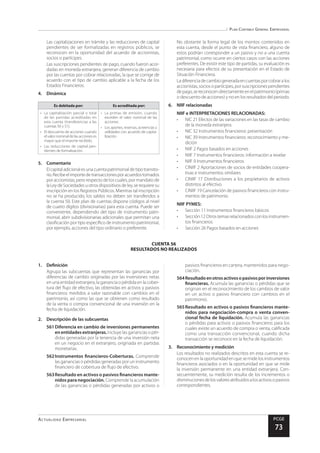 Plan Contable General Empresarial
Actualidad Empresarial PCGE
73
CUENTA 56
RESULTADOS NO REALIZADOS
Las capitalizaciones en trámite y las reducciones de capital
pendientes de ser formalizadas en registros públicos, se
reconocen en la oportunidad del acuerdo de accionistas,
socios o partícipes.
Las suscripciones pendientes de pago, cuando fueron acor-
dadas en moneda extranjera, generan diferencia de cambio
por las cuentas por cobrar relacionadas, la que se corrige de
acuerdo con el tipo de cambio aplicable a la fecha de los
Estados Financieros.
4.	Dinámica
Es debitada por: Es acreditada por:
•	 La capitalización parcial o total
de las partidas acreditadas en
esta cuenta (transferencias a las
cuentas 50 y 51).
•	 El descuento de acciones cuando
el valor nominal de las acciones es
mayor que el importe recibido.
•	 Las reducciones de capital pen-
dientes de formalización.
•	 La primas de emisión, cuando
exceden el valor nominal de las
acciones.
•	 Los aportes, reservas, acreencias y
utilidades con acuerdo de capita-
lización.
5.	Comentario
Elcapitaladicionalesunacuentapatrimonialdetipotransito-
rio.Recibeelimportedetransaccionesporacuerdostomados
por accionistas, pero respecto de los cuales, por mandato de
laLeydeSociedadesuotrosdispositivosdeley,serequieresu
inscripción en los Registros Públicos. Mientras tal inscripción
no se ha producido, los saldos no deben ser transferidos a
la cuenta 50. Este plan de cuentas dispone códigos al nivel
de cuatro dígitos (divisionarias) para esta cuenta. Puede ser
conveniente, dependiendo del tipo de instrumento patri-
monial, abrir subdivisionarias adicionales que permitan una
clasificación por tipo específico de instrumento patrimonial,
por ejemplo, acciones del tipo ordinario o preferente.
No obstante la forma legal de los montos contenidos en
esta cuenta, desde el punto de vista financiero, alguno de
estos podrían corresponder a un pasivo y no a una cuenta
patrimonial, como ocurre en ciertos casos con las acciones
preferentes. De existir este tipo de partidas, su evaluación es
necesaria para efectos de su presentación en el Estado de
Situación Financiera.
Ladiferenciadecambiogeneradaencuentasporcobraralos
accionistas,sociosopartícipes,porsuscripcionespendientes
depago,sereconocendirectamenteenelpatrimonio(primas
o descuento de acciones) y no en los resultados del periodo.
6.	 NIIF relacionadas
NIIF e INTERPRETACIONES RELACIONADAS:
•	 NIC 21 Efectos de las variaciones en las tasas de cambio
de la moneda extranjera
•	 NIC 32 Instrumentos financieros: presentación
•	 NIC 39 Instrumentos financieros: reconocimiento y me-
dición
•	 NIIF 2 Pagos basados en acciones
•	 NIIF 7 Instrumentos financieros: información a revelar
•	 NIIF 9 Instrumentos financieros
•	 CINIIF 2 Aportaciones de socios de entidades coopera-
tivas e instrumentos similares
•	 CINIIF 17 Distribuciones a los propietarios de activos
distintos al efectivo
•	 CINIIF 19 Cancelación de pasivos financieros con instru-
mentos de patrimonio
NIIF PYMES:
•	 Sección 11 Instrumentos financieros básicos
•	 Sección12Otrostemasrelacionadosconlosinstrumen-
tos financieros
•	 Sección 26 Pagos basados en acciones
1.	Definición
Agrupa las subcuentas que representan las ganancias por
diferencias de cambio originadas por las inversiones netas
en una entidad extranjera, la ganancia o pérdida en la cober-
tura del flujo de efectivo, las obtenidas en activos y pasivos
financieros medidos a valor razonable con cambios en el
patrimonio, así como las que se obtienen como resultado
de la venta o compra convencional de una inversión en la
fecha de liquidación.
2.	 Descripción de las subcuentas
561	Diferencia en cambio de inversiones permanentes
en entidades extranjeras.Incluye las ganancias o pér-
didas generadas por la tenencia de una inversión neta
en un negocio en el extranjero, originada en partidas
monetarias.
562	Instrumentos financieros-Coberturas. Comprende
las ganancias o pérdidas generadas por un instrumento
financiero de cobertura de flujo de efectivo.
563	Resultado en activos o pasivos financieros mante-
nidos para negociación. Comprende la acumulación
de las ganancias o pérdidas generadas por activos o
pasivos financieros en cartera, mantenidos para nego-
ciación.
564	Resultadoenotrosactivosopasivosporinversiones
financieras. Acumula las ganancias o pérdidas que se
originan en el reconocimiento de los cambios de valor
en un activo o pasivo financiero con cambios en el
patrimonio.
565	Resultado en activos o pasivos financieros mante-
nidos para negociación-compra o venta conven-
cional fecha de liquidación. Acumula las ganancias
o pérdidas para activos o pasivos financieros para los
cuales existe un acuerdo de compra o venta, calificada
como una transacción convencional, cuando dicha
transacción se reconoce en la fecha de liquidación.
3.	 Reconocimiento y medición
Los resultados no realizados descritos en esta cuenta se re-
conocen en la oportunidad en que se mide los instrumentos
financieros asociados o en la oportunidad en que se mide
la inversión permanente en una entidad extranjera. Con-
secuentemente, su medición resulta de los incrementos o
disminucionesdelosvaloresatribuidosalosactivosopasivos
correspondientes.
 