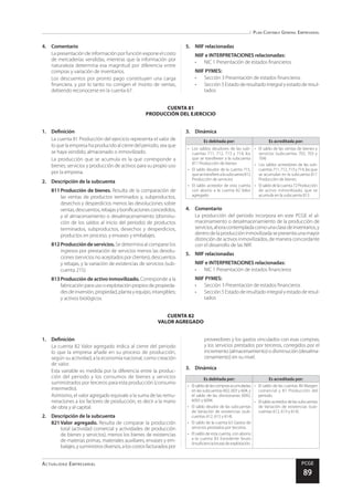 Plan Contable General Empresarial
Actualidad Empresarial PCGE
89
CUENTA 82
VALOR AGREGADO
CUENTA 81
PRODUCCIÓN DEL EJERCICIO
4.	Comentario
La presentación de información por función expone el costo
de mercaderías vendidas, mientras que la información por
naturaleza determina esa magnitud por diferencia entre
compras y variación de inventarios.
Los descuentos por pronto pago constituyen una carga
financiera, y por lo tanto no corrigen el monto de ventas,
debiendo reconocerse en la cuenta 67.
5.	 NIIF relacionadas
NIIF e INTERPRETACIONES relacionadas:
•	 NIC 1 Presentación de estados financieros
NIIF PYMES:
•	 Sección 3 Presentación de estados financieros
•	 Sección 5 Estado de resultado integral y estado de resul-
tados
1.	Definición
La cuenta 81 Producción del ejercicio representa el valor de
lo que la empresa ha producido al cierre del periodo, sea que
se haya vendido, almacenado o inmovilizado.
La producción que se acumula es la que corresponde a
bienes; servicios y producción de activos para su propio uso
por la empresa.
2.	 Descripción de la subcuenta
811	Producción de bienes. Resulta de la comparación de
las ventas de productos terminados y, subproductos,
desechos y desperdicios menos las devoluciones sobre
ventas,descuentos,rebajasybonificacionesconcedidos,
y el almacenamiento o desalmacenamiento (disminu-
ción de los saldos al inicio del periodo) de productos
terminados, subproductos, desechos y desperdicios,
productos en proceso, y envases y embalajes.
812	Producción de servicios. Se determina al comparar los
ingresos por prestación de servicios menos las devolu-
ciones (servicios no aceptados por clientes), descuentos
y rebajas, y la variación de existencias de servicios (sub-
cuenta 215).
813	Producción de activo inmovilizado. Corresponde a la
fabricaciónparausooexplotaciónpropios depropieda-
desdeinversión,propiedad,plantayequipo,intangibles;
y activos biológicos.
3.	Dinámica
Es debitada por: Es acreditada por:
•	 Los saldos deudores de las sub-
cuentas 711, 712, 713 y 714, los
que se transfieren a la subcuenta
811 Producción de bienes
•	 El saldo deudor de la cuenta 715,
quesetransfierealasubcuenta812
Producción de servicios
•	 El saldo acreedor de esta cuenta
con abono a la cuenta 82 Valor
agregado
•	 El saldo de las ventas de bienes y
servicios (subcuentas 702, 703 y
704)
•	 Los saldos acreedores de las sub-
cuentas711,712,713y714,lasque
se acumulan en la subcuenta 811
Producción de bienes
•	 Elsaldodelacuenta72Producción
de activo inmovilizado, que se
acumula en la subcuenta 813
4.	Comentario
La producción del periodo incorpora en este PCGE el al-
macenamiento o desalmacenamiento de la producción de
servicios,ahoracontempladacomounaclasedeinventarios,y
dentrodelaproduccióninmovilizadasepresentaunamayor
distinción de activos inmovilizados, de manera concordante
con el desarrollo de las NIIF.
5.	 NIIF relacionadas
NIIF e INTERPRETACIONES relacionadas:
•	 NIC 1 Presentación de estados financieros
NIIF PYMES:
•	 Sección 3 Presentación de estados financieros
•	 Sección 5 Estado de resultado integral y estado de resul-
tados
1.	Definición
La cuenta 82 Valor agregado indica al cierre del periodo
lo que la empresa añade en su proceso de producción,
según su actividad, a la economía nacional, como creación
de valor.
Esta variable es medida por la diferencia entre la produc-
ción del periodo y los consumos de bienes y servicios
suministrados por terceros para esta producción (consumo
intermedio).
Asimismo, el valor agregado equivale a la suma de las remu-
neraciones a los factores de producción, es decir a la mano
de obra y al capital.
2.	 Descripción de la subcuenta
821	Valor agregado. Resulta de comparar la producción
total (actividad comercial y actividades de producción
de bienes y servicios), menos los bienes de existencias
de materias primas, materiales auxiliares, envases y em-
balajes,ysuministrosdiversos,aloscostosfacturadospor
proveedores y los gastos vinculados con esas compras;
y los servicios prestados por terceros, corregidos por el
incremento(almacenamiento)odisminución(desalma-
cenamiento) en su nivel.
3.	Dinámica
Es debitada por: Es acreditada por:
•	 Elsaldodelascomprasacumuladas
en las subcuentas 602, 603 y 604, y
el saldo de las divisionarias 6092,
6093 y 6094.
•	 El saldo deudor de las subcuentas
de Variación de existencias (sub-
cuentas 612, 613 y 614).
•	 El saldo de la cuenta 63 Gastos de
servicios prestados por terceros.
•	 El saldo de esta cuenta, con abono
a la cuenta 83 Excedente bruto
(insuficienciabruta)deexplotación.
•	 El saldo de las cuentas 80 Margen
comercial y 81 Producción del
periodo.
•	 Elsaldoacreedordelassubcuentas
de Variación de existencias (sub-
cuentas 612, 613 y 614).
 