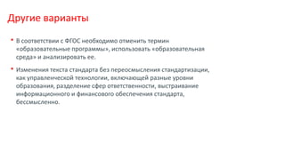 • В соответствии с ФГОС необходимо отменить термин
«образовательные программы», использовать «образовательная
среда» и анализировать ее.
• Изменения текста стандарта без переосмысления стандартизации,
как управленческой технологии, включающей разные уровни
образования, разделение сфер ответственности, выстраивание
информационного и финансового обеспечения стандарта,
бессмысленно.
Другие варианты
 
