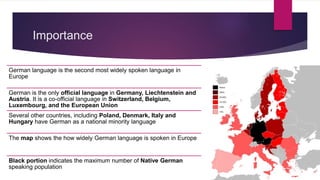 Importance
German language is the second most widely spoken language in
Europe
German is the only official language in Germany, Liechtenstein and
Austria. It is a co-official language in Switzerland, Belgium,
Luxembourg, and the European Union
Several other countries, including Poland, Denmark, Italy and
Hungary have German as a national minority language
The map shows the how widely German language is spoken in Europe
Black portion indicates the maximum number of Native German
speaking population
 