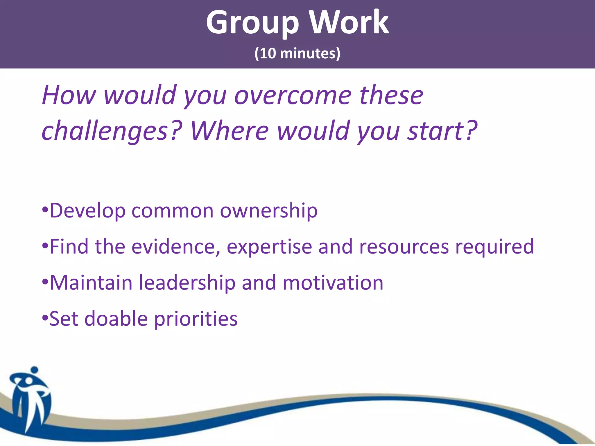 Group Work
(10 minutes)
How would you overcome these
challenges? Where would you start?
•Develop common ownership
•Find the evidence, expertise and resources required
•Maintain leadership and motivation
•Set doable priorities
 