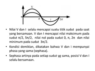• Nilai V dan I selalu mencapai suatu titik sudut pada saat
yang bersamaan. V dan I mencapai nilai maksimum pada
sudut π/2, 5π/2, nilai nol pada sudut 0, π, 2π dan nilai
minimum pada sudut 3π/2.
• Kondisi demikian, dikatakan bahwa V dan i mempunyai
phasa yang sama (sephasa).
• Sephasa artinya pada setiap sudut yg sama, posisi V dan I
selalu bersamaan.
 