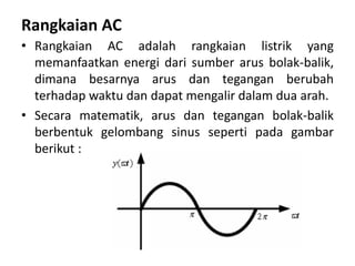 Rangkaian AC
• Rangkaian AC adalah rangkaian listrik yang
memanfaatkan energi dari sumber arus bolak-balik,
dimana besarnya arus dan tegangan berubah
terhadap waktu dan dapat mengalir dalam dua arah.
• Secara matematik, arus dan tegangan bolak-balik
berbentuk gelombang sinus seperti pada gambar
berikut :
 