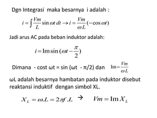 Jadi arus AC pada beban induktor adalah:
Dgn Integrasi maka besarnya i adalah :
Dimana - cost ωt = sin (ωt - π/2) dan
ωL adalah besarnya hambatan pada induktor disebut
reaktansi induktif dengan simbol XL.
LfLXL .2.    LXVm Im
sin ( cos )
Vm Vm
i t dt i t
L L
 

   
Imsin ( )
2
i t

 
Im
Vm
L

 