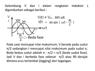 Gelombang V dan i dalam rangkaian induktor L
digambarkan sebagai berikut :
Pada saat mencapai nilai maksimum, V berada pada sudut
π/2 sedangkan I mencapai nilai maksimum pada sudut π.
Beda kedua sudut adalah π - π/2 = π/2 (beda sudut fase).
Jadi V dan i berbeda fase sebesar π/2 atau 90 derajat
dimana arus terlambat (lagging) dari tegangan.
 