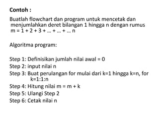Contoh :
Buatlah flowchart dan program untuk mencetak dan
menjumlahkan deret bilangan 1 hingga n dengan rumus
m = 1 + 2 + 3 + … + … + … n
Algoritma program:
Step 1: Definisikan jumlah nilai awal = 0
Step 2: input nilai n
Step 3: Buat perulangan for mulai dari k=1 hingga k=n, for
k=1:1:n
Step 4: Hitung nilai m = m + k
Step 5: Ulangi Step 2
Step 6: Cetak nilai n
 