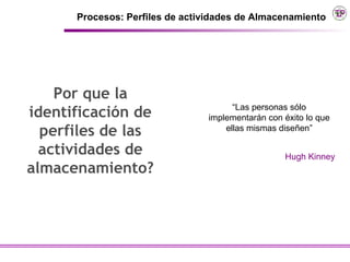Procesos: Perfiles de actividades de Almacenamiento




    Por que la
                                      “Las personas sólo
identificación de               implementarán con éxito lo que
  perfiles de las                   ellas mismas diseñen”

  actividades de                                  Hugh Kinney
almacenamiento?
 