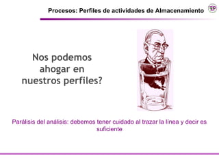 Procesos: Perfiles de actividades de Almacenamiento




     Nos podemos
      ahogar en
   nuestros perfiles?



Parálisis del análisis: debemos tener cuidado al trazar la línea y decir es
                                suficiente
 