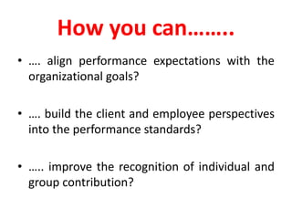 How you can……..
• …. align performance expectations with the
organizational goals?
• …. build the client and employee perspectives
into the performance standards?
• ….. improve the recognition of individual and
group contribution?
 