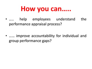 How you can…..
• ….. help employees understand the
performance appraisal process?
• …… improve accountability for individual and
group performance gaps?
 