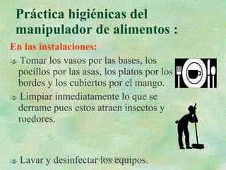 En las instalaciones: Tomar los vasos por las bases, los pocillos por las asas, los platos por los bordes y los cubiertos por el mango. Limpiar inmediatamente lo que se derrame pues estos atraen insectos y roedores. Lavar y desinfectar los equipos. Práctica higiénicas del manipulador de alimentos :  Ing. Belen Del Valle 
