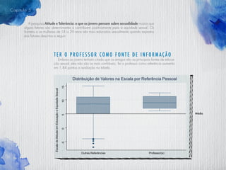 Capitulo 5
T er o pro f essor como f onte de in f ormação
Embora os jovens tenham citado que os amigos são as principais fontes de educa-
ção sexual, eles não são as mais confiáveis. Ter o professor como referência aumenta
em 1,84 pontos a avaliação na tabela.
A pesquisa Atitude e Tolerância: o que os jovens pensam sobre sexualidade mostra que
alguns fatores são determinantes e contribuem positivamente para a equidade sexual. Os
homens e as mulheres de 18 a 29 anos são mais educados sexualmente quando expostos
aos fatores descritos a seguir:
-5051015
EscaladeAtitudeemEducaçãoeEquidadeSexual
Outras Referências Professor(a)
Distribuição de Valores na Escala por Referência Pessoal
Média
 