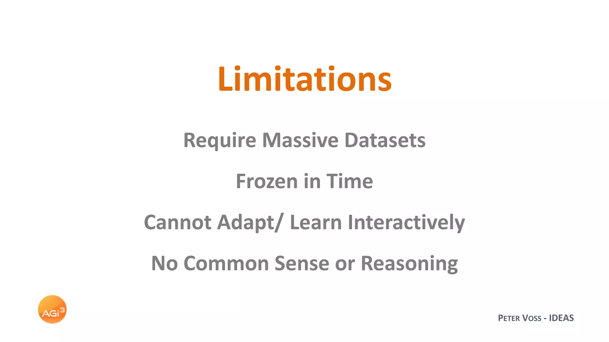 PETER VOSS - IDEAS
Limitations
Require Massive Datasets
Frozen in Time
Cannot Adapt/ Learn Interactively
No Common Sense or Reasoning
 