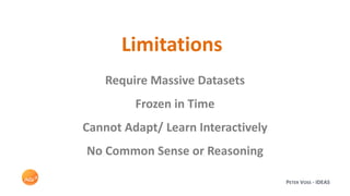 PETER VOSS - IDEAS
Limitations
Require Massive Datasets
Frozen in Time
Cannot Adapt/ Learn Interactively
No Common Sense or Reasoning
 