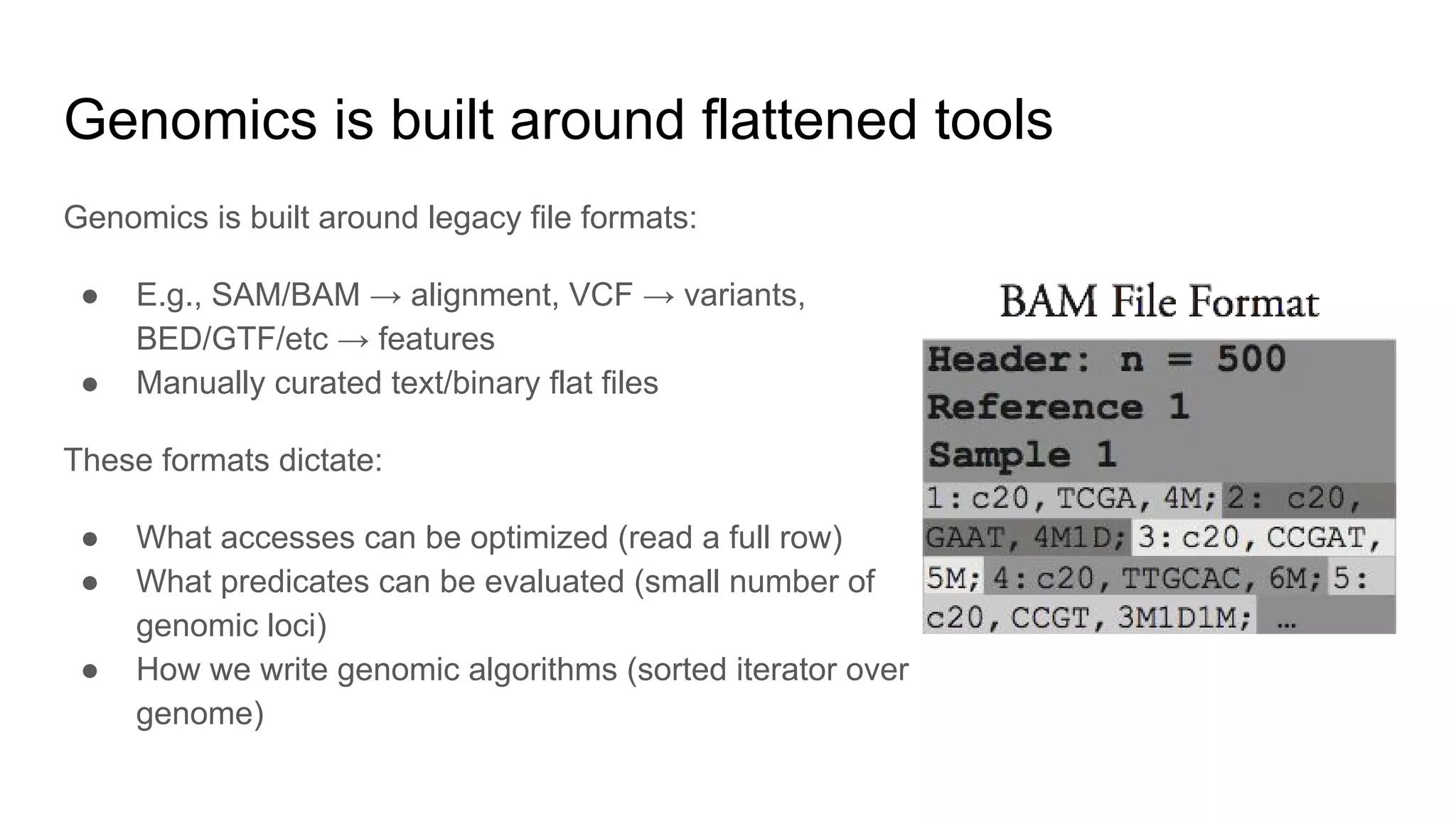 Genomics is built around flattened tools
Genomics is built around legacy file formats:
● E.g., SAM/BAM → alignment, VCF → variants,
BED/GTF/etc → features
● Manually curated text/binary flat files
These formats dictate:
● What accesses can be optimized (read a full row)
● What predicates can be evaluated (small number of
genomic loci)
● How we write genomic algorithms (sorted iterator over
genome)
 
