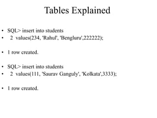 Tables Explained
• SQL> insert into students
• 2 values(234, 'Rahul', 'Bengluru',222222);
• 1 row created.
• SQL> insert into students
• 2 values(111, 'Saurav Ganguly', 'Kolkata',3333);
• 1 row created.
 
