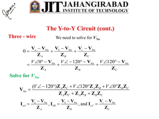 Three - wire We need to solve for VNn
The Y-to-Y Circuit (cont.)
0
0 120 120
a Nn b Nn c Nn
A B C
Nn Nn Nn
A B C
V V V
  
  
         
  
V V V V V V
Z Z Z
V V V
Z Z Z
Solve for VNn
( 120 ) 120 0A C A B B C
Nn
A C A B B C
V V V        

 
Z Z Z Z Z Z
V
Z Z Z Z Z Z
, , anda Nn b Nn c Nn
aA bB cC
A B C
  
  
V V V V V V
I I I
Z Z Z
 