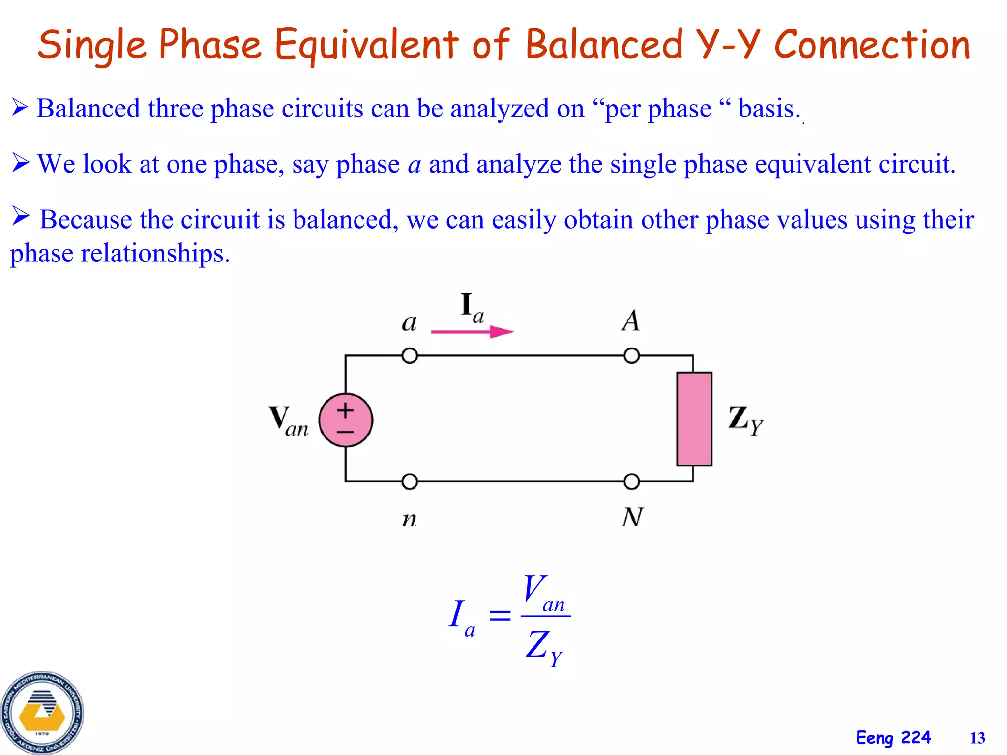 Single Phase Equivalent of Balanced Y-Y Connection
 Balanced three phase circuits can be analyzed on “per phase “ basis..

 We look at one phase, say phase a and analyze the single phase equivalent circuit.
 Because the circuıit is balanced, we can easily obtain other phase values using their
phase relationships.




                                            Van
                                       Ia =
                                            ZY

                                                                            Eeng 224   13
 