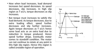 • Now when load increases, load demand
increases but speed decreases. As speed
decreases, slip increases. In high slip
region as T α1/s, torque decreases as slip
increases.
• But torque must increases to satisfy the
load demand. As torque decreases, due to
extra loading effect, speed further
decreases and slip further increases.
Again torque decreases as T α1/s hence
same load acts as an extra load due to
reduction in torque produced. Hence
speed further drops. Eventually motor
comes to standstill condition. The motor
can not continue to rotate at any point in
this high slip region. Hence this region is
called unstable region of operation.
 
