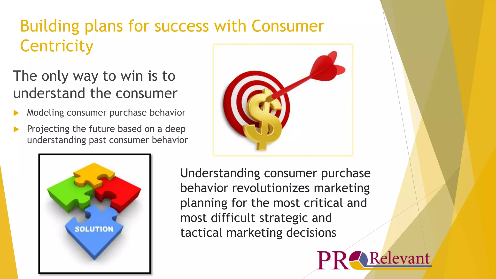 Building plans for success with Consumer 
Centricity 
The only way to win is to 
understand the consumer 
 Modeling consumer purchase behavior 
 Projecting the future based on a deep 
understanding past consumer behavior 
Understanding consumer purchase 
behavior revolutionizes marketing 
planning for the most critical and 
most difficult strategic and 
tactical marketing decisions 
 
