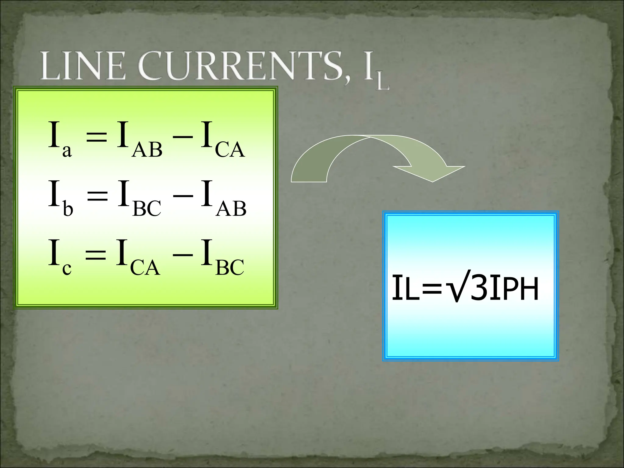 BC
CA
c
AB
BC
b
CA
AB
a
I
I
I
I
I
I
I
I
I






IL=√3IPH
 