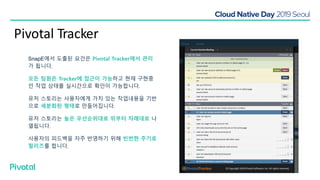 Pivotal Tracker
© Copyright 2018 Pivotal Software, Inc. All rights reserved.
SnapE에서 도출된 요건은 Pivotal Tracker에서 관리
가 됩니다.
모든 팀원은 Tracker에 접근이 가능하고 현재 구현중
인 작업 상태를 실시간으로 확인이 가능합니다.
유저 스토리는 사용자에게 가치 있는 작업내용을 기반
으로 세분화된 형태로 만들어집니다.
유저 스토리는 높은 우선순위대로 위부터 차례대로 나
열됩니다.
사용자의 피드백을 자주 반영하기 위해 빈번한 주기로
릴리즈를 합니다.
 