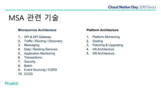 MSA 관련 기술
Microservice Architecture
1. API & API Gateway
2. Traffic / Routing / Discovery
3. Messaging
4. Data / Backing Services
5. Application Monitoring
6. Transactions
7. Security
8. Batch
9. Event Sourcing / CQRS
10. CI/CD
Platform Architecture
1. Platform Monitoring
2. Scaling
3. Patching & Upgrading
4. HA Architecture
5. DR Architecture
 