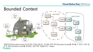 “일반적으로 Bounded Context 당 한 팀이 구성이 됩니다. 한 팀은 여러 개의 Bounded Context를 관리할 수 있으나 여러 팀
이 한 개의 Bounded Context를 관리하는 것은 매우 어렵습니다.” - Evans
Bounded Context
 