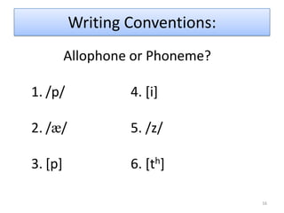  Allophones of /t/12English Phoneme /p/[ph] and [p] are the allophones of the same phoneme /p/ in English:/p/ phoneme[ph][p] allophones                      ‘paper’     ‘spill’The ‘p’ in ‘paper’ is normally pronounced with aspiration. That is, there is a release of a puff of air. The ‘p’ in ‘spill’ is normally not aspirated.