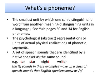 What’s a phoneme?7The smallest unit by which one can distinguish one word from another (meaning-distinguishing units in a language), See Yule pages 30 and 34 for English phonemes.