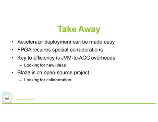 Take Away
• Accelerator deployment can be made easy
• FPGA requires special considerations
• Key to efficiency is JVM-to-A...