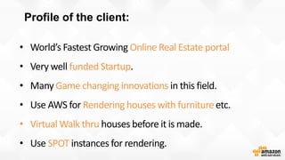 Profile of the client:
Online Real Estate portal
funded Startup
Game changing innovations
Rendering houses with furniture
• Virtual Walk thru
SPOT
 