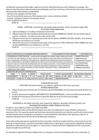 formatosde númeropersonalizados,segúnlaversiónde idiomade Excel que esté instaladaensuequipo.Para
obtenermásinformaciónsobre formatospersonalizados,veaCrearoeliminarunformatode númeropersonalizado.
Alineaciónde celdas,bordesysombreados)
- Librode Excel,agregary eliminarhojas.
- Crear formulas(botónautosuma,fórmulaparasumar,restar,multiplicar,dividir)
- Guardar, configurare imprimirunahojade cálculo.
- Crear ungráficoestadístico
CLASE 26
CIERRE – APERTURA: Socialización, actividad complementaria, Tareas. Evaluación según SIEE
ACTIVIDAD COMPLEMENTARIA
1. Copiarel trabajoen una USB y enviarloporcorreoemail.
2. Dibujarla barra de menúde MicrosoftExcel de las ventanasFORMÚLASY DATOS con losnombresde los
cajones o botones, concada iconode cada unode estos.
3. Dibujalosiconoscon susrespectivaspersianas,de loscajones,NÚMERO,ESTILOSy CELDAS, de la ventana
INICIOconsus nombresysu función.
4. Dibujalosiconoscon susrespectivaspersianas,de loscajones,FILTRO,VÍNCULOS,TEXTO,SÍMBOLOS, de la
ventanaINSERTARcon susnombresysu función.
CLASE 27
INSTITUCIÓN EDUCATIVA RAMÓN MARTÍNEZBENITEZ JUAN ALBERTO PELAEZ MADRID INFORMÁTICA
APRENDIZAJE(CONTENIDOS): SIGNIFICACIÓN-INFORMACIÓN GENERAL SOBRE FÓRMULASEN EXCEL-
LAS PARTES DE UNA FÓRMULA DE EXCEL-PARTES DE UNA FÓRMULA-USAR CONSTANTES EN FÓRMULASDE
EXCEL-OPERADORES ARITMÉTICOS-OPERADORESDE COMPARACIÓN-OPERADORDE CONCATENACIÓN DE
TEXTO-OPERADORES DE REFERENCIA-ORDEN EN QUE EXCEL EJECUTA LAS OPERACIONES EN LAS FÓRMULAS-
ORDEN DE CÁLCULO-PRIORIDADDE OPERADORES EN LAS FÓRMULASDE EXCEL-USO DE PARÉNTESISEN LAS
FÓRMULAS DE EXCEL-USAR FUNCIONESY FUNCIONES ANIDADASEN FÓRMULAS DE EXCEL-SINTAXIS DE
FUNCIÓN DE EXCEL-ESCRIBIRFUNCIONESDE EXCEL-ANIDAR FUNCIONES DE EXCEL-USARNOMBRES EN
FÓRMULAS DE EXCEL-TAREA
COMPETENCIA(S):
IDENTIFICA LAS
DIFERENTES CLASESY
LAS PARTESQUE
COMPONEN UNA
FÓRMULA EN EXCEL
PLANEADOR DE CLASE
APERTURA: Retroalimentación, pre saberes, significación (Por qué y para qué)
RETROALIMENTACIÓN
1. Dibuja la barra de menúde Excel.EnPublisher,de LASFUNCIONES,conlaventanaresultante de hacerclic
enella.
2. Escoja o seleccionalacategoría, MATEMÁTICASY TRIGONOMÉTRICAS y seleccione10 funcionesde ellas.
3. Escribe la funciónque se encuentraenlaparte de abajo de las10 funcionesque escogió.
CLASE 28
DESARROLLO: Actividad central de clase: Exposición didáctica, actividad individual, grupal, otra.
INFORMACIÓN GENERAL SOBRE FÓRMULAS EN EXCEL
Se aplicaa: Excel 2016 Excel 2013 Excel 2010 Excel 2007
Si no ha usadoExcel antes,prontodescubriráque noes solounacuadrícula enla que introducirnúmerosen
columnasyfilas.Porsupuesto,puede usarExcel paracalcularlostotalesde una columnaouna fila de números,pero
tambiénpuede calcularel pagode unahipoteca,resolverproblemasmatemáticosode ingeniería,odarcon la
hipótesismásoptimistaenfunciónde lasvariablesque introduzca.
Excel realizaestasoperacionesusandofórmulasenlasceldas.Unafórmularealizacálculosuotrasaccionescon los
datosde su hojade cálculo.Una fórmulasiempre empiezaconunsignoigual (=),que puede irseguidode números,
operadoresmatemáticos(comolossignos+o - para sumar o restar) y funcionesintegradasde Excel,que pueden
ampliarel poderde una fórmula.
Por ejemplo,lasiguiente fórmulamultiplica2por 3 y,después,suma5 al resultadopara dar con larespuesta,11.
DERECHOS BASICOSDE APRENDIZAJES:
DANE CLASE GRADO FECHA INICIO FECHA FINALIZACIÓN INTENSIDAD HORARIA
276147000222 28 a 30 9 – 1,2 Lunes,26 - 08 - 2019 Martes, 10 –09 - 2019 1RA, 5TA 1 H
RECURSOS: Cuaderno,Tv,Blog,Internet,celular,video-been OBSERVACIONES:
 