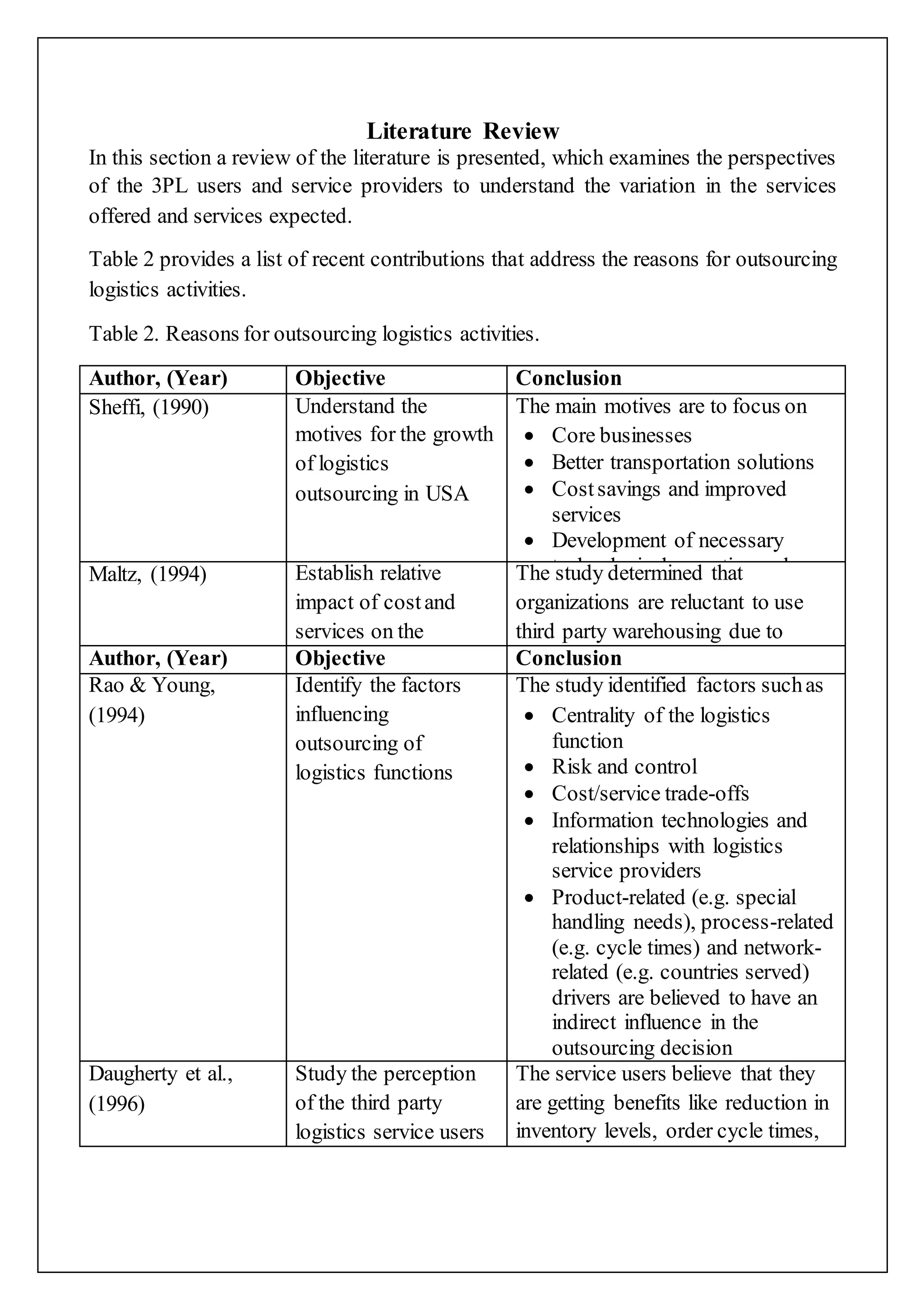 Literature Review 
In this section a review of the literature is presented, which examines the perspectives 
of the 3PL users and service providers to understand the variation in the services 
offered and services expected. 
Table 2 provides a list of recent contributions that address the reasons for outsourcing 
logistics activities. 
Table 2. Reasons for outsourcing logistics activities. 
Author, (Year) Objective Conclusion 
Sheffi, (1990) Understand the 
motives for the growth 
of logistics 
outsourcing in USA 
The main motives are to focus on 
 Core businesses 
 Better transportation solutions 
 Cost savings and improved 
services 
 Development of necessary 
technological expertise and 
computerized systems; and need 
for more professional and 
better-equipped logistics 
services 
Maltz, (1994) Establish relative 
impact of cost and 
services on the 
decision to outsource 
warehousing 
The study determined that 
organizations are reluctant to use 
third party warehousing due to 
customer service considerations. 
Author, (Year) Objective Conclusion 
Rao & Young, 
(1994) 
Identify the factors 
influencing 
outsourcing of 
logistics functions 
The study identified factors such as 
 Centrality of the logistics 
function 
 Risk and control 
 Cost/service trade-offs 
 Information technologies and 
relationships with logistics 
service providers 
 Product-related (e.g. special 
handling needs), process-related 
(e.g. cycle times) and network-related 
(e.g. countries served) 
drivers are believed to have an 
indirect influence in the 
outsourcing decision 
Daugherty et al., 
(1996) 
Study the perception 
of the third party 
logistics service users 
The service users believe that they 
are getting benefits like reduction in 
inventory levels, order cycle times, 
lead times and improvement in 
customer service. 
 