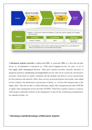 A third-party logistics provider is (abbreviated 3PL, or sometimes TPL) is a firm that provides 
service to its customers of outsourced (or "third party") logistics services for part, or all of 
their supply chain management functions. Third party logistics providers typically specialize in 
integrated operation, warehousing and transportation services that can be scaled and customized to 
customers' needs based on market conditions and the demands and delivery service requirements 
for their products and materials. Often, these services go beyond logistics and include value-added 
services related to the production or procurement of goods, i.e., services that integrate parts of the 
supply chain. Then the provider is called third-party supply chain management provider (3PSCM) 
or supply chain management service provider (SCMSP). Third Party Logistics System is a process 
which targets a particular Function in the management. It may be like warehousing, transportation, 
raw material provider, etc. 
*Advantages and disadvantages of third party logistics 
 