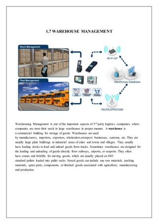 1.7 WAREHOUSE MANAGEMENT 
Warehousing Management is one of the important aspects of 3rd party logistics companies; where 
companies are store their stock in large warehouses in proper manner. A warehouse is 
a commercial building for storage of goods. Warehouses are used 
by manufacturers, importers, exporters, wholesalers,transport businesses, customs, etc. They are 
usually large plain buildings in industrial areas of cities and towns and villages. They usually 
have loading docks to load and unload goods from trucks. Sometimes warehouses are designed for 
the loading and unloading of goods directly from railways, airports, or seaports. They often 
have cranes and forklifts for moving goods, which are usually placed on ISO 
standard pallets loaded into pallet racks. Stored goods can include any raw materials, packing 
materials, spare parts, components, or finished goods associated with agriculture, manufacturing 
and production. 
 