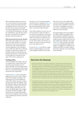 Electronics

3PLs could help to identify at risk inventory in the warehouses that they manage,
as well as arrange intermodal and other
consolidation services to increase the supply chain velocity without dramatically
increasing transportation costs. “You need
a very good level of integration to be adaptive and flexible to cope with these shorter
life cycles,” says Tony Xia, Sr. Logistics
Manager with Emerson Electric.
When inventoried items become obsolete,
58% of electronics shippers in the survey
agree that online auctions are an important means for electronics companies to
reclaim some value. Facilitating online
inventory disposition is the next logical
step in a 3PL value-added service offering.
A number of electronics companies use
FreeFlow, provider of online private marketplaces and auctions, to sell at-risk inventory through secure channels for each
stage of the inventory aging process.

The Role of 3PLs
As seen throughout this chapter, electronics companies favor outsourcing in both
manufacturing and logistics services.
That’s especially true in emerging markets.
Yet there is a clear gap between the services
3PLs are currently providing and the additional value they could provide.
As seen in Figures 15 and 18, electronics
shippers give low marks to 3PLs’ ability to
solve their top logistics challenges. The
largest gaps occur on their highest priorities: 59% call price pressure to reduce
operating costs their top challenge, while
just 28% believe 3PLs can help them with
this challenge. A similar gap is revealed
in 3PLs’ ability to help electronics companies with global supply chain complexity and risk, including compliance. 3PLs
themselves also see a gap, albeit smaller,
between these challenges and their involvement in helping their customers with these
challenges.

The same is true in top savings methods
used by electronics companies in Figure 17;
there are significant gaps between strategies used and assistance by 3PLs in those
efforts, confirmed by 3PLs themselves.
At the ASE workshop in Utrecht, one contract manufacturer shed some light on
one of the reasons shippers’ may not seek
to undertake problem-solving with 3PLs.
“They do not bring cost reductions and
a lean approach to the table very often,”
he said. “They will do only what they are
asked to do; they do not proactively offer
many value-added services.”
It’s clear in Figure 18 that 3PLs see opportunities to support shippers in ways electronics shippers themselves do not. Both

31

sides need to meet in the middle: 3PLs
need do a better job in selling the quality
and value of their capabilities to electronics customers, and shippers need to be
more open to collaborating with 3PLs to
address their top challenges.
Generally speaking, electronics shippers
view 3PLs as skilled and capable at fundamental logistics capabilities, but don’t
necessarily turn to them for collaborative
problem-solving to address their more strategic supply chain challenges. The results
in Figure 16 confirm that they would like
to see more. Embedded throughout this
chapter are suggestions for significant contributions that 3PLs can make to address
electronics companies’ most vexing supply
chain challenges.

Electronics: Key Takeaways
–– Electronics products are complex inside and out, featuring many components and
delivered to market via a fragmented and far-flung global supply chain. Add to that
high demand and ever-shortening product lifecycles, and you get significant logistical challenges. Issues of concern in manufacturing and sourcing electronics include
complex global sourcing, including heavy reliance on emerging markets; price
pressures; and balancing make to order versus make to stock — issues 3PLs are positioned to help address. Electronics supply chains must also accommodate multiple
channels with differing needs, with retail offering substantial opportunity but also
exacting supply chain demands. Electronics also sees heavy merger and acquisition
activity and a dis‑integrated supply chain, boosting its tendency toward outsourcing.
–– A high-demand, high-value product set also raises issues of visibility, security and
packaging challenges, as well as the need to manage short-lifecycle issues such
as obsolescence and selling off excess inventory. While a fragmented supply chain
means electronics relies heavily on 3PLs to address these problems, survey results
reveal that electronics companies are unlikely to feel 3PLs can help them solve their
top logistics challenges. 3PLs need do a better job in selling their capabilities and
shippers need to be more open to hearing about them.

 