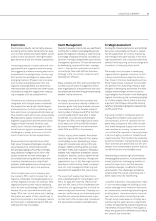 EXECUTIVE SUMMARY

5

Electronics 	

Talent Management

Strategic Assessment

Electronics products can be highly popular,
but along with enviable demand comes pressure to make products smaller, faster, cooler
and at a lower price point. Hitting these targets demands a fast and nimble supply chain.

Despite the supply chain’s role as a significant
contributor to attaining strategic business
goals, the logistics industry is experiencing
a shortage of capable and well-rounded supply chain managers prepared to step into key
management positions. This can be overcome
by developing programs for talent management — the vigorous, systematic process of
connecting a clear, well-defined business
strategy to the recruitment, retention and
development of talent.

Constantly changing economic and political
dynamics necessitate continual re-evaluation of supply chain directions. Inspired by
the findings of this year’s study, in this strategic assessment, the study team examines
several trends spurring yet more change and
innovation in the supply chain world.

Increasing pressure to lower costs and manage material and suppliers more efficiently
has triggered a preference among electronics
companies for asset lightness, outsourcing
both production and logistics, especially in
emerging markets. Shippers call price pressure to reduce operating costs their top
logistics challenge (59%), but electronics
manufacturers also wrestle with other issues
incurred by a long, thin supply chain, employing strategies such as postponement.
The electronics industry is notoriously dis­
integrated, with multiple players involved in
the supply chain and a high rate of mergers
and acquisitions. Further complicating matters, electronics companies sell into many vertical markets, each with its own unique needs.
Multiple layers, supply constraints, mashedtogether supply chains and the specific challenges of retail channels introduce cost,
safety stock, forecast challenges and additional time into logistics processes. Another
challenge is to design a common, cost-efficient infrastructure across supply chains.
Because electronics products are often
high value, they pose challenges including
assuring security, preventing counterfeit and packaging sufficiently to handle
long‑distance transportation. Short lifecycles combined with the challenges of
accurately forecasting demand also mean
inventory obsolescence is a significant
problem, leading electronics companies to
seek solutions such as on-line auctions.
Unfortunately, electronics shippers give
low marks to 3PLs’ ability to solve their top
logistics challenges. The largest gaps occur
on their highest priorities: for example, 59%
regard price pressure to reduce operating
costs as their top challenge, while just 28%
believe 3PLs can help them with this challenge. 3PLs need to do a better job of selling
the quality and value of their capabilities to
electronics customers, and shippers need to
be more open to collaborating with 3PLs to
address their top challenges.

Many shippers and 3PLs are troubled by the
current state of talent management within
their organizations, with promotion and rotation practices and identifying and developing
leaders the top concerns.
As supply chains grow more complex and
intrinsic to a company’s ability to attain its
business goals, they require leaders who are
more diverse and multi-faceted. A significant number of shippers and 3PLs feel their
current leaders don’t have what it takes
to address future business challenges.
Shippers and 3PLs most highly value operational execution (51% and 60%) followed
by people management and development
skills (54% and 43%) in their leaders.
Today’s supply chain leaders have been
required to grow well beyond their operations backgrounds, developing a broad
range of competencies while on the job;
shippers (37%) and 3PLs (39%) are most
confident in the learning ability of today’s
leaders. Also important are leaders’ ability
to deduce, execute, conduct talent review
processes and lead visionary change and
organization buy-in. But few organizations
have been indoctrinating these competencies into mid-management training and
development, leading to the talent crisis.
The scarcity of supply chain talent presents a real challenge for many shippers and
3PLs. To date, the majority of both shippers and 3PLs recruit from inside their own
industries, but a growing trend is to look for
talent in adjacent industries. Company success and performance, attractive salary and
benefits and personal development opportunities within the company are considered
the top qualities needed to attract talent.

The survey found shippers in developing
regions exhibit a greater inclination to both
outsource and insource logistics services
than those in the more developed countries.
While these results may seem to contradict
one another, the underlying finding is that
shippers in developing economies are more
likely to make changes to their outsourcing strategies than those in more developed
regions. Considering the increasing complexity of many supply chains, there is a strong
argument that shippers should be looking
carefully at bolstering logistics capabilities
via 3PLs and 4PLs.
A growing number of companies aspire to
manage this complexity via supply chain
control towers, a central repository for all
event data, and several 4PLs offer this service. A well-designed supply chain control
tower enables a company to measure and
control the effectiveness of the supply chain
in terms of agility, resilience, reliability and
responsiveness. This trend can be viewed as
a positive method of managing overall supply
chain activities and processes, but 3PL and
shipper must collaborate to prevent duplication of efforts and undue added costs.
Nearshoring is another sign of constantly
changing global dynamics. Companies have
moved production to emerging markets in
pursuit of lower costs, but that decision
sometimes changed conditions in those
very markets. This challenges companies
to reconsider the overall economics and in
some cases return to nearshoring.
Like other industries, the supply chain industry is in the early stages of working out how
to best leverage social media for tasks such
as collaboration, enhancing forecasting and
locating talent, to enhance day-to-day business functions while minimizing the risks.
Though social media was not included as a
topic during this year’s survey, a significant
number of respondents and participants see
the benefits of social media in the logistics
world and question not whether social media
will take off, but only when.

 