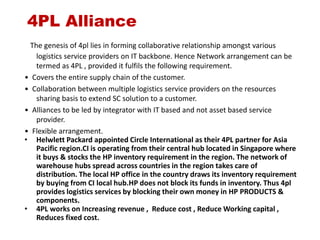 4PL Alliance
The genesis of 4pl lies in forming collaborative relationship amongst various
logistics service providers on IT backbone. Hence Network arrangement can be
termed as 4PL , provided it fulfils the following requirement.
• Covers the entire supply chain of the customer.
• Collaboration between multiple logistics service providers on the resources
sharing basis to extend SC solution to a customer.
• Alliances to be led by integrator with IT based and not asset based service
provider.
• Flexible arrangement.
• Helwlett Packard appointed Circle International as their 4PL partner for Asia
Pacific region.CI is operating from their central hub located in Singapore where
it buys & stocks the HP inventory requirement in the region. The network of
warehouse hubs spread across countries in the region takes care of
distribution. The local HP office in the country draws its inventory requirement
by buying from CI local hub.HP does not block its funds in inventory. Thus 4pl
provides logistics services by blocking their own money in HP PRODUCTS &
components.
• 4PL works on Increasing revenue , Reduce cost , Reduce Working capital ,
Reduces fixed cost.
 